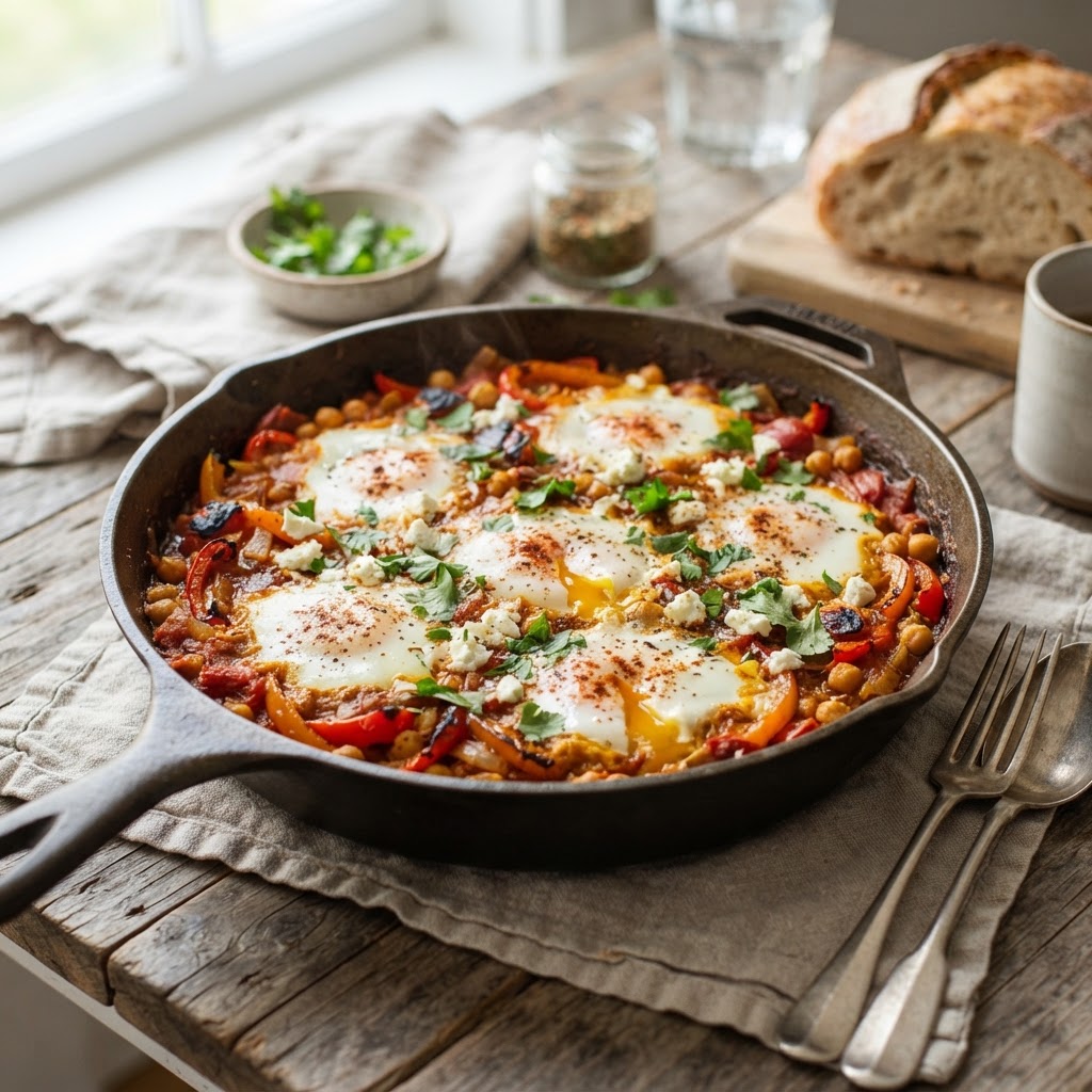 Pumpkin Shakshuka with Feta, Peppers, and Chickpeas