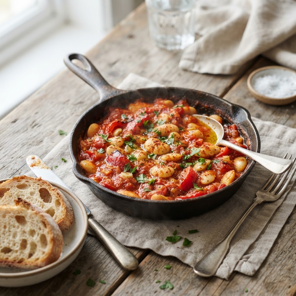 Smoky Butter Beans with Roasted Red Pepper Tomato Sauce