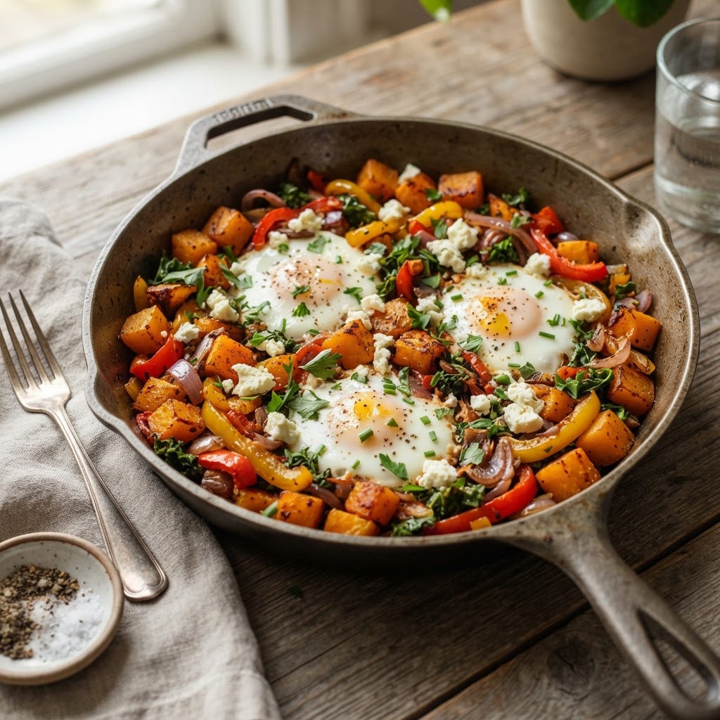 Butternut Squash Hash with Eggs and Feta