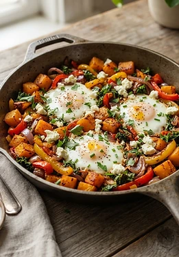 Butternut Squash Hash with Eggs and Feta