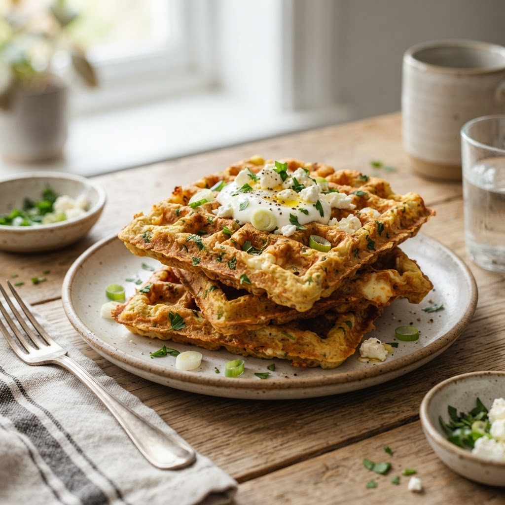 Chickpea Flour Waffles with Herbs and Feta