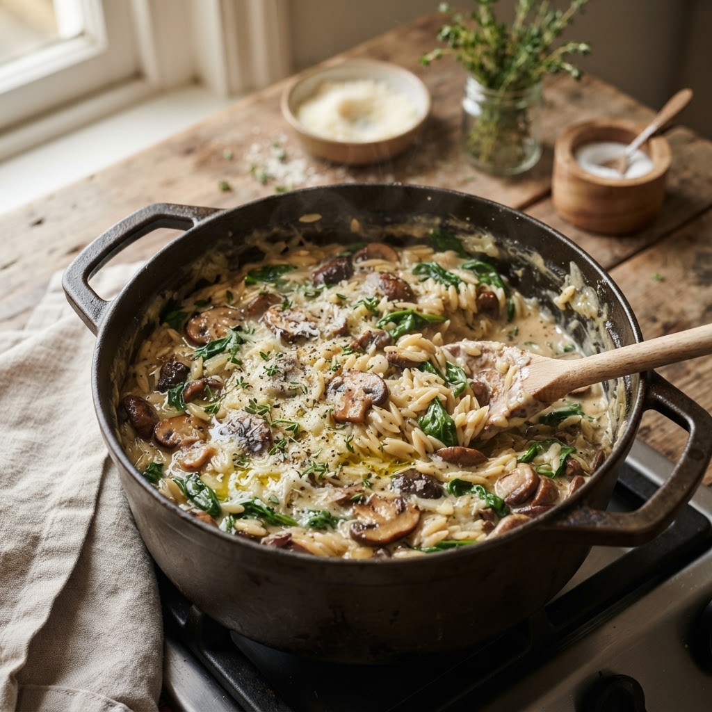 One Pot Mushroom Spinach Orzo