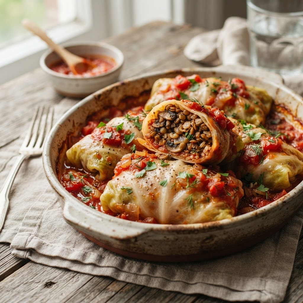 Lentil and Mushroom Stuffed Cabbage Rolls