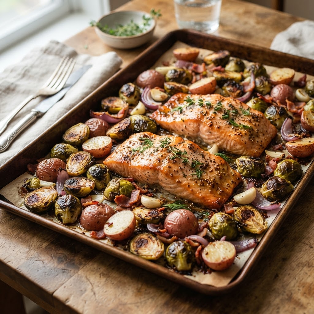 Sheet Pan Maple Dijon Salmon and Brussels Sprouts