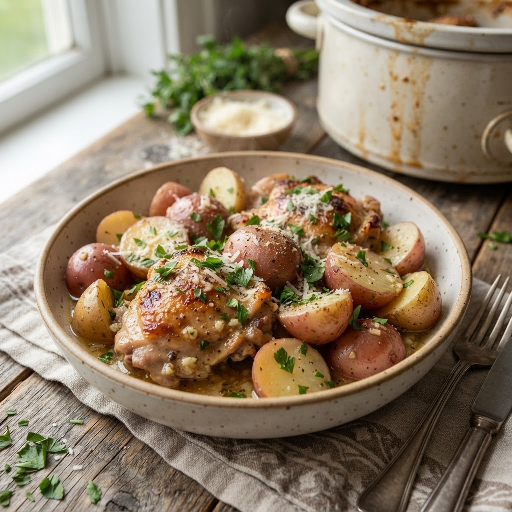 Slow Cooker Garlic Parmesan Chicken and Potatoes