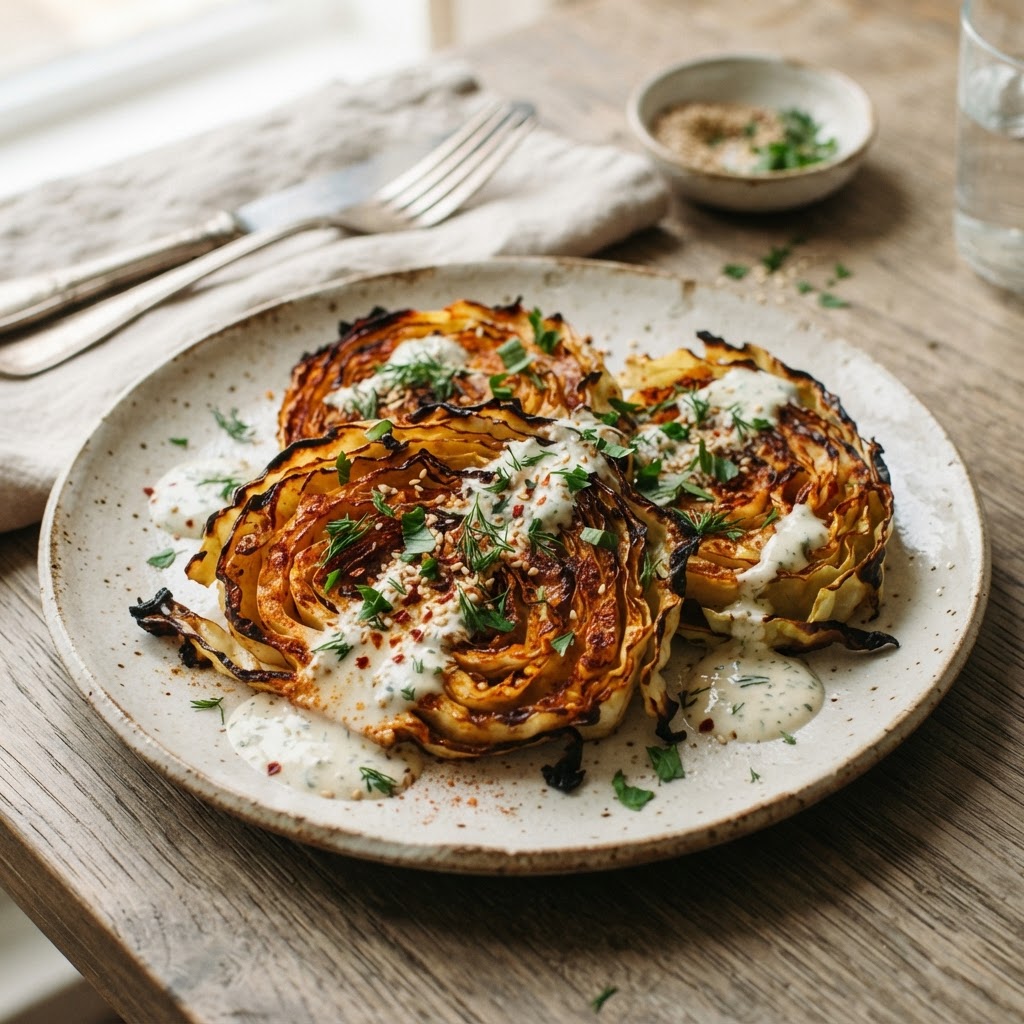 Roasted Cabbage Steaks with Tahini Yogurt