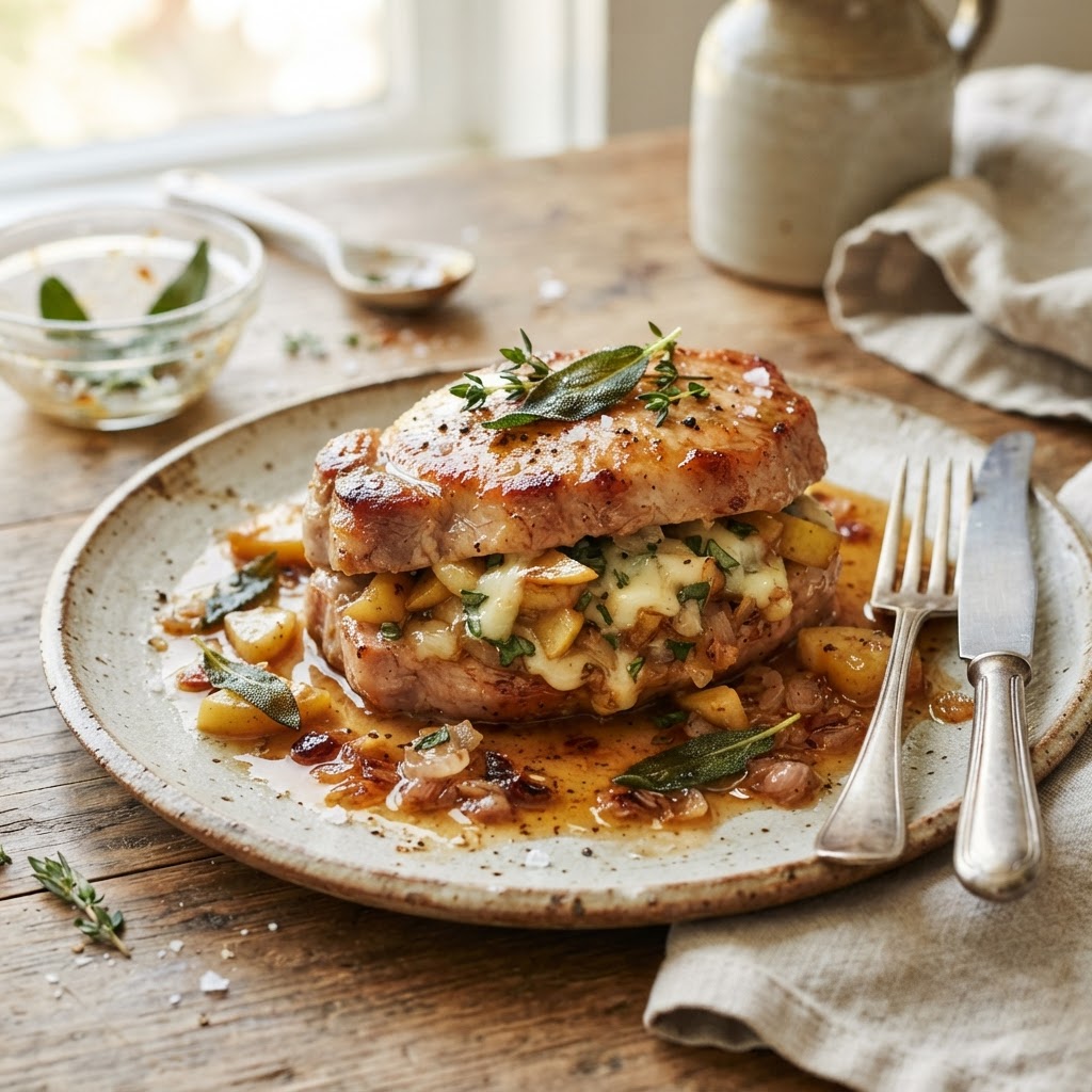 Apple Cheddar Stuffed Pork Chops with Sage Pan Sauce