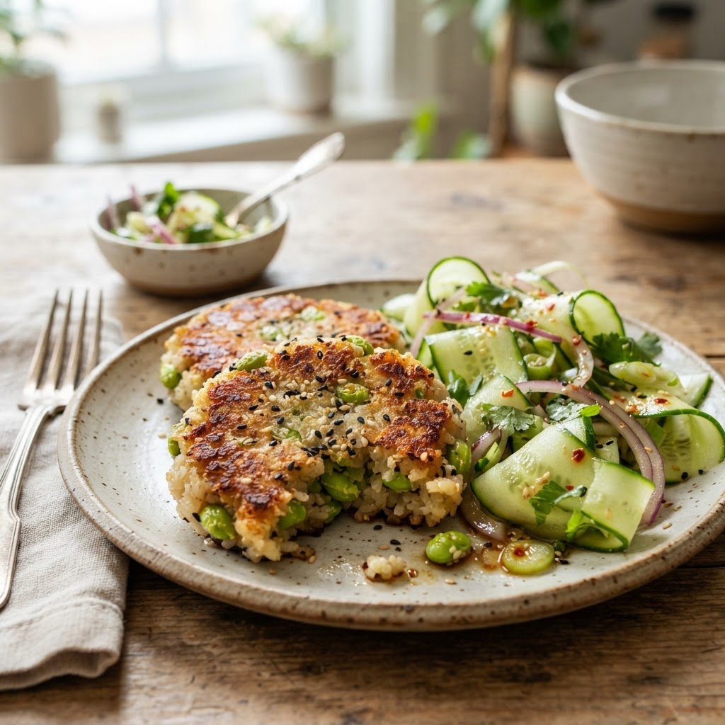 Edamame Sesame Rice Patties with Cucumber Slaw