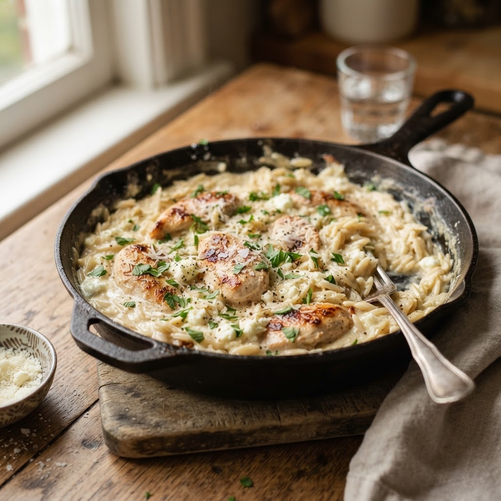 High-Protein Chicken Alfredo Orzo
