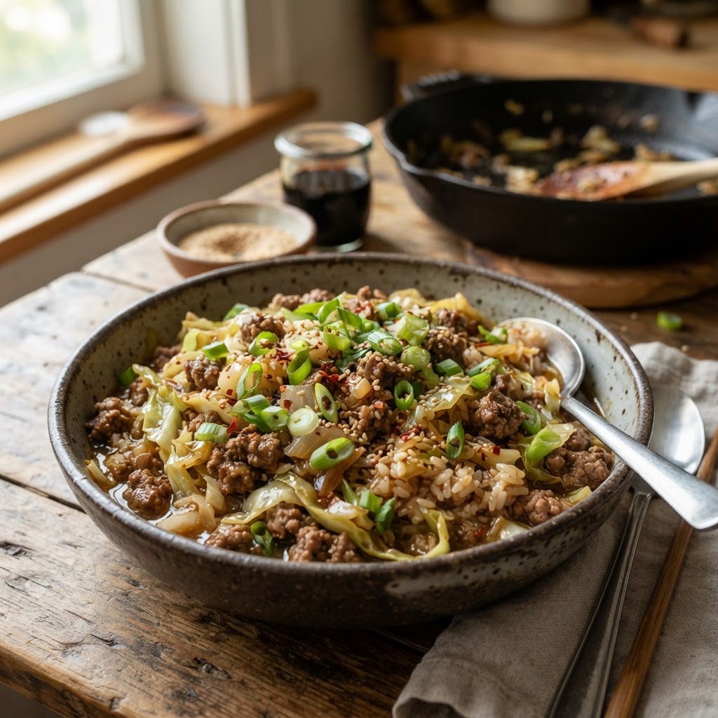 One-Pot Beef and Cabbage Rice Bowls