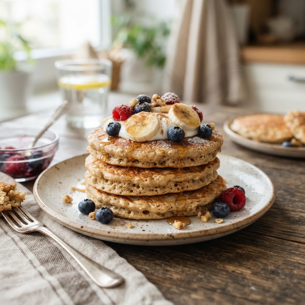 Banana Oat Cottage Cheese Pancakes