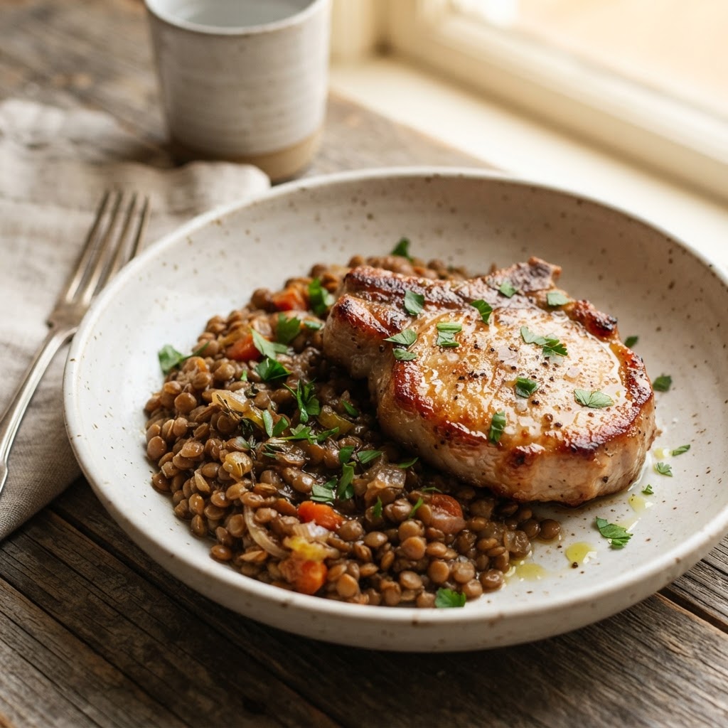 Braised Lentils with Seared Pork Chops