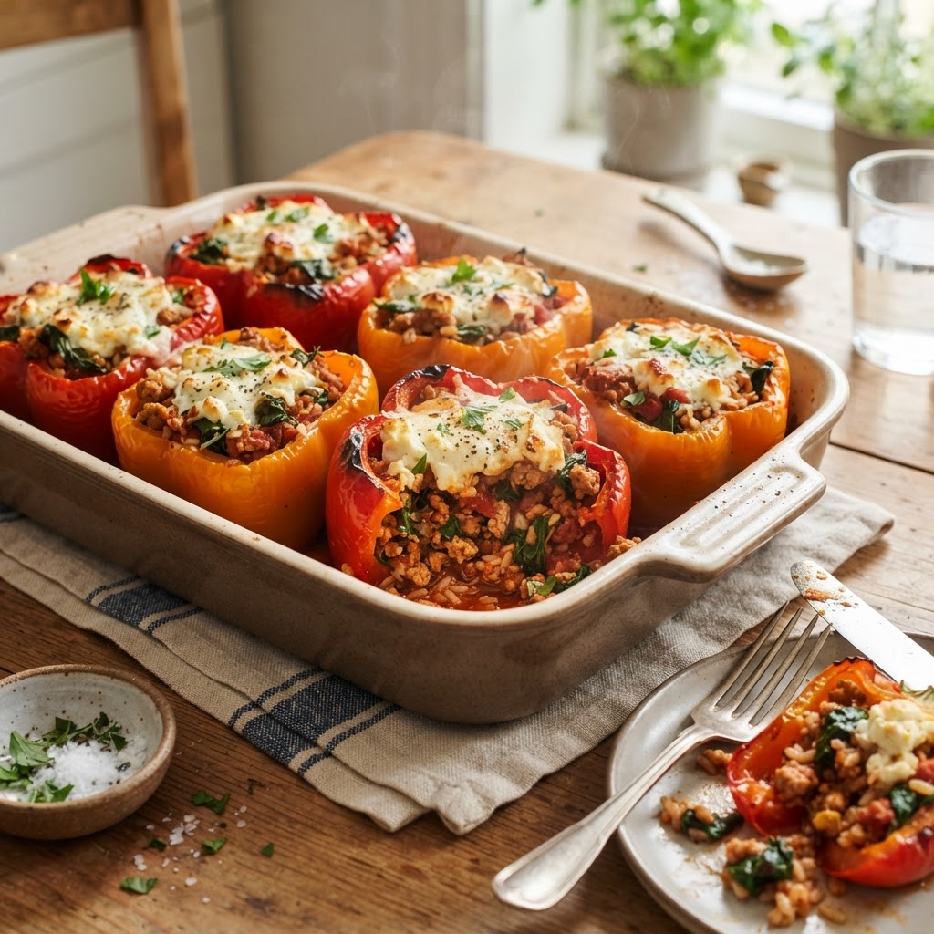 Turkey Spinach Stuffed Peppers with Feta