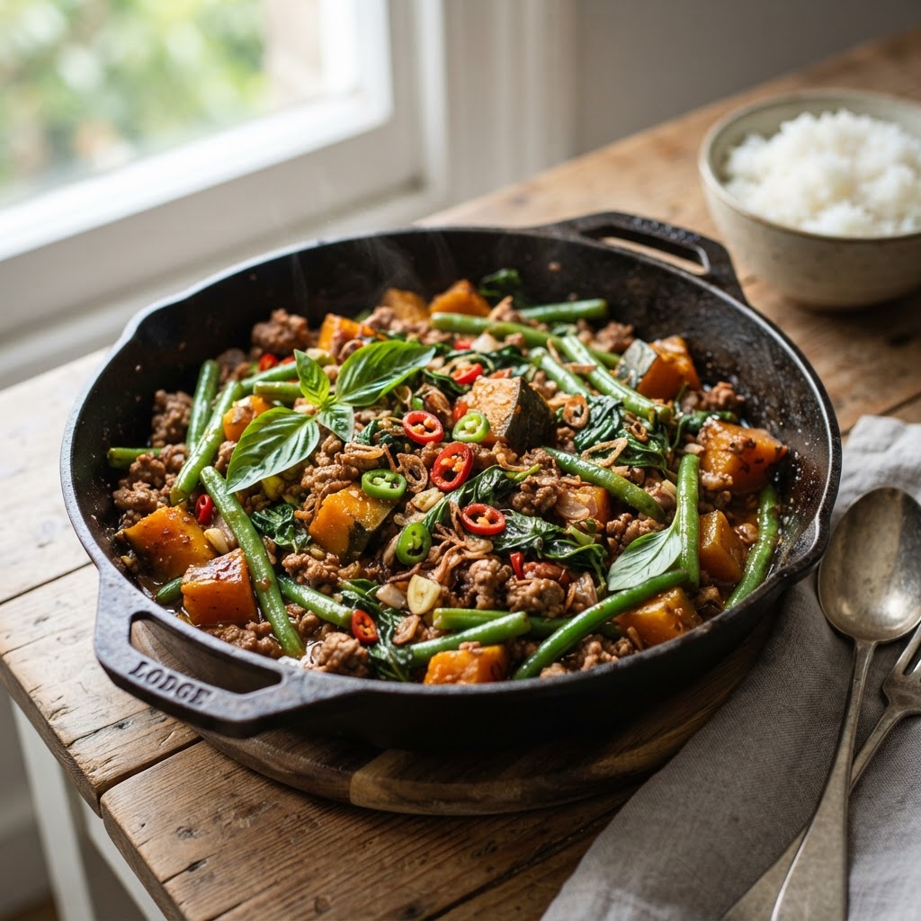 Thai Basil Pork with Pumpkin and Green Beans