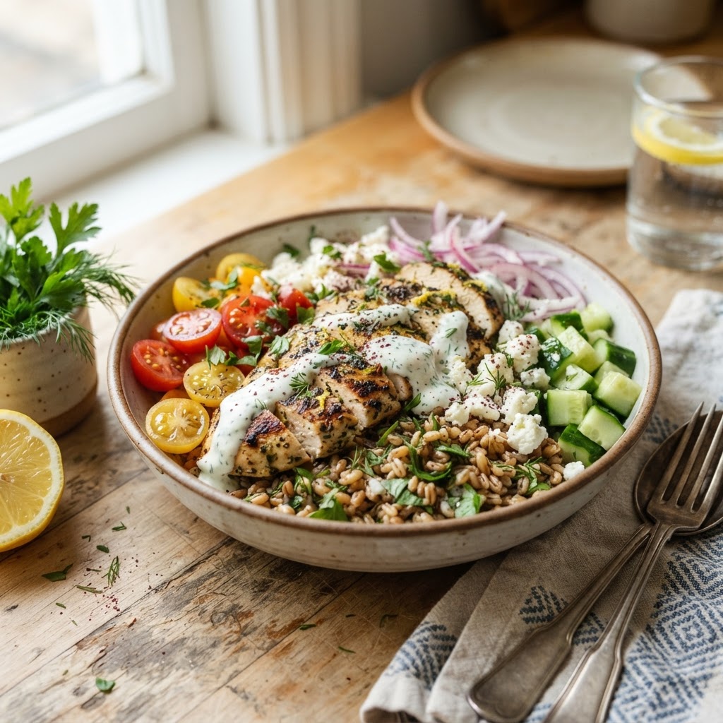 High Protein Lemon Herb Chicken Farro Bowls