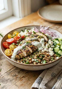High Protein Lemon Herb Chicken Farro Bowls