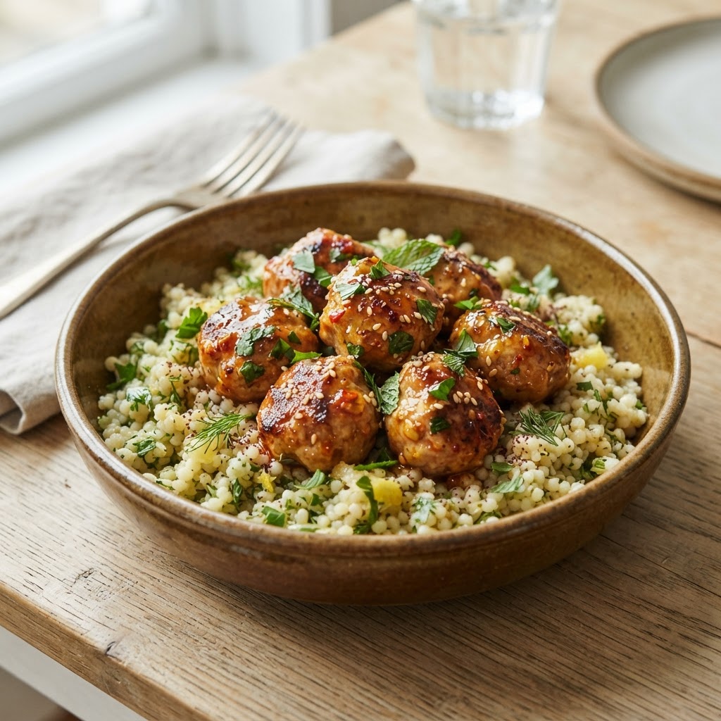 Harissa-Honey Glazed Chicken Meatballs with Lemon Couscous