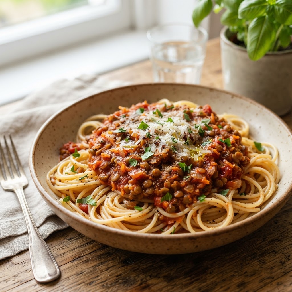Slow Cooker Lentil Bolognese with Spaghetti