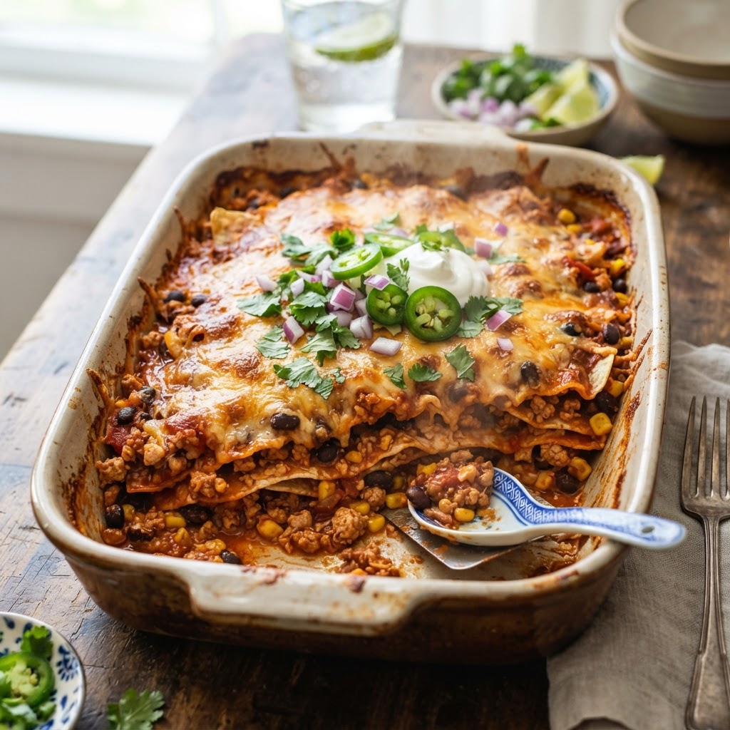 High Protein Turkey Enchilada Casserole