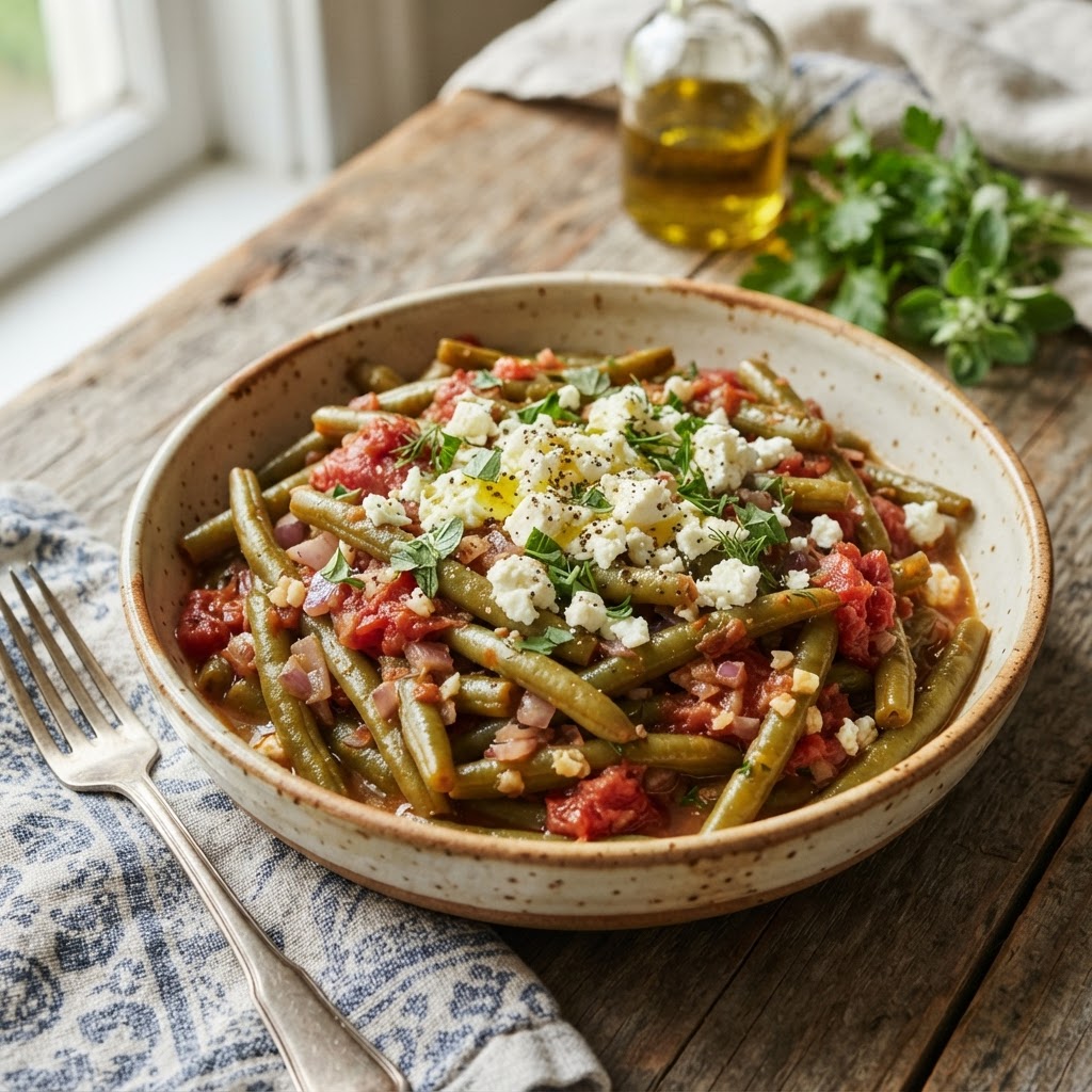 Braised Green Beans with Tomato and Feta