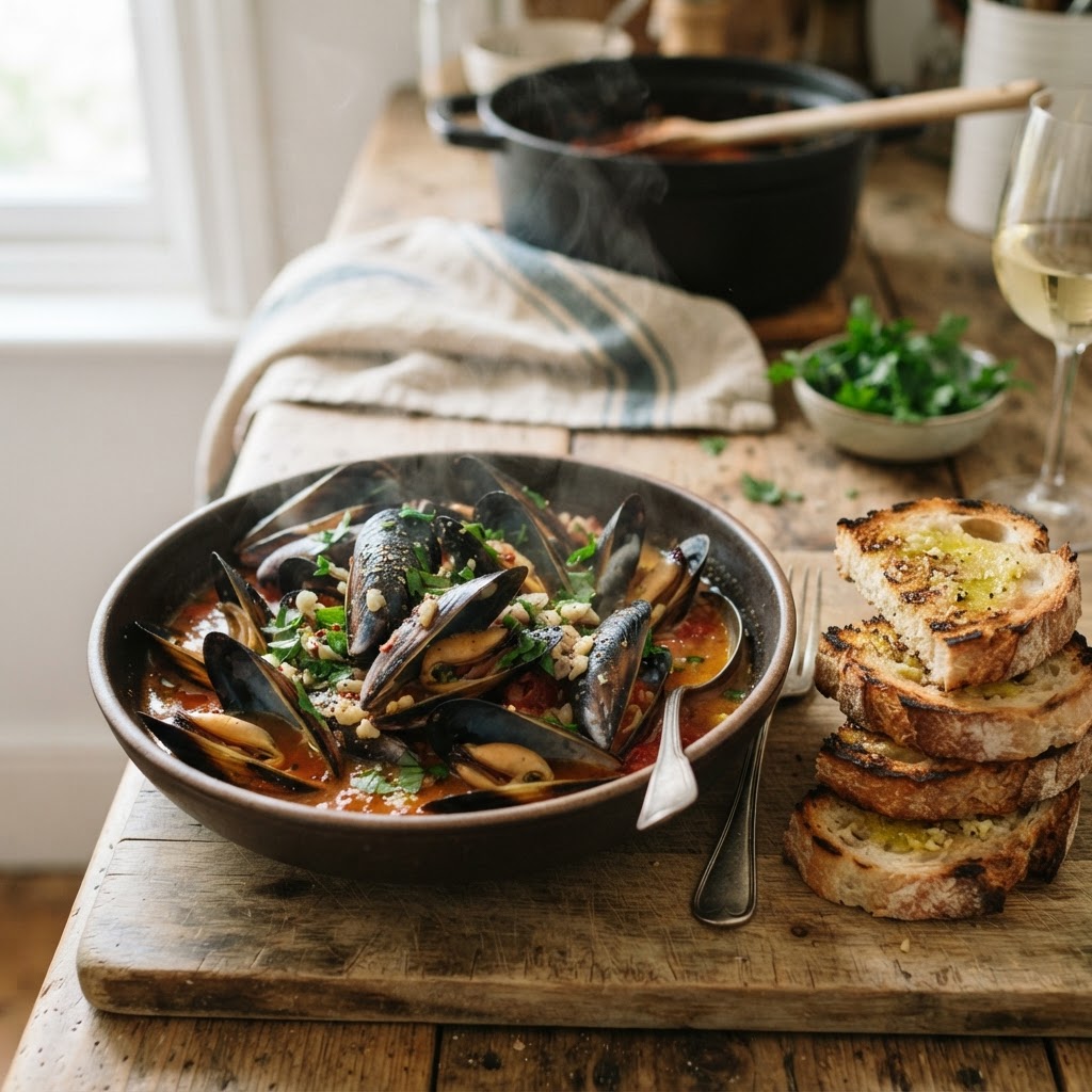 Tomato Garlic Mussels with Toast