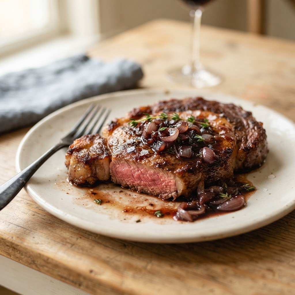 Pan-Seared Ribeye Steak with Red Wine Shallot Reduction