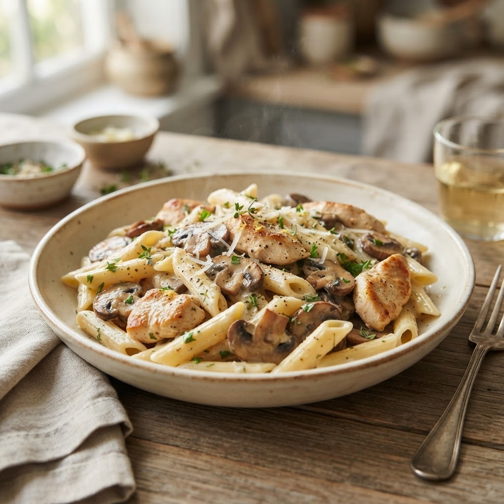 Creamy Garlic Herb Chicken and Cremini Mushroom Pasta