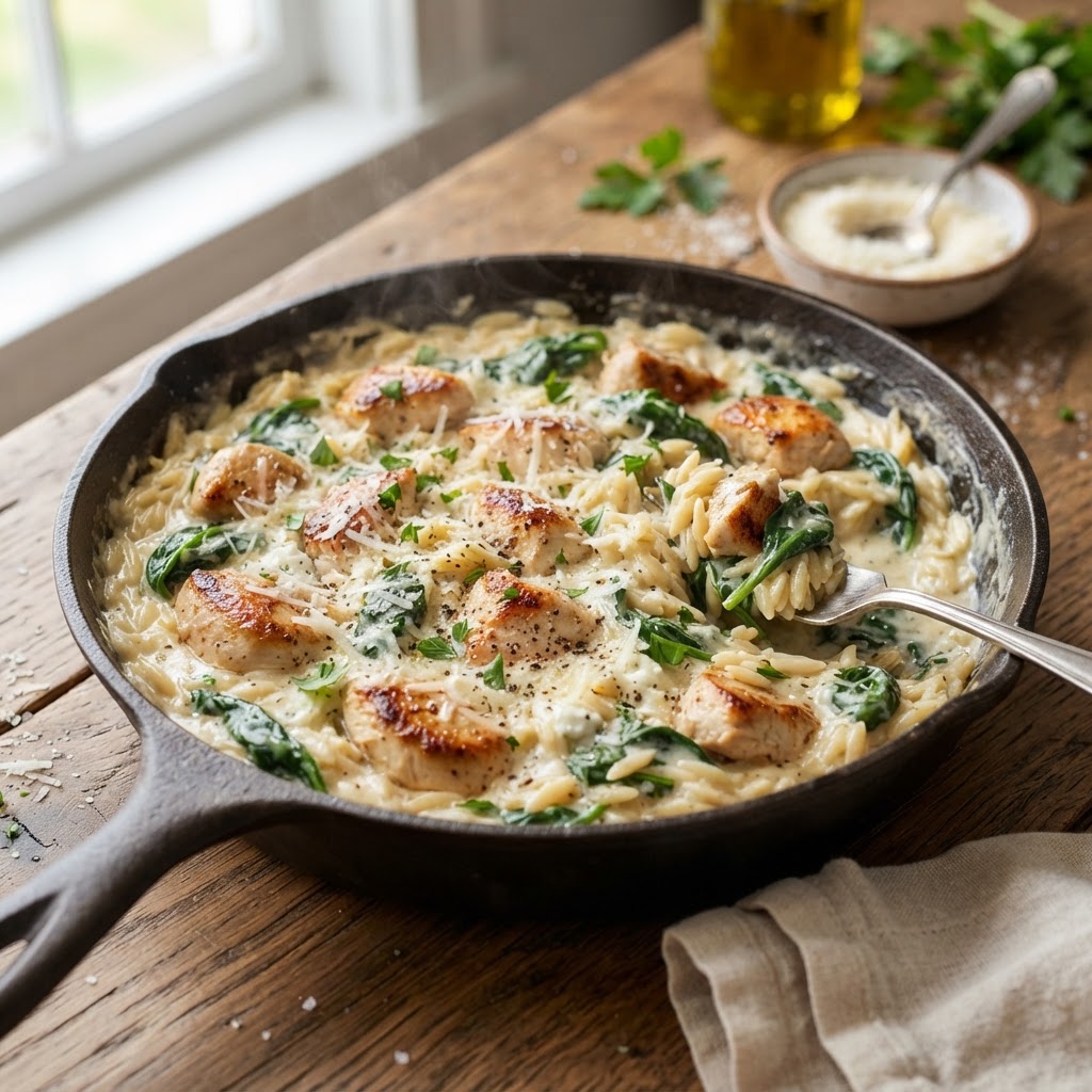 High Protein Chicken Alfredo Orzo