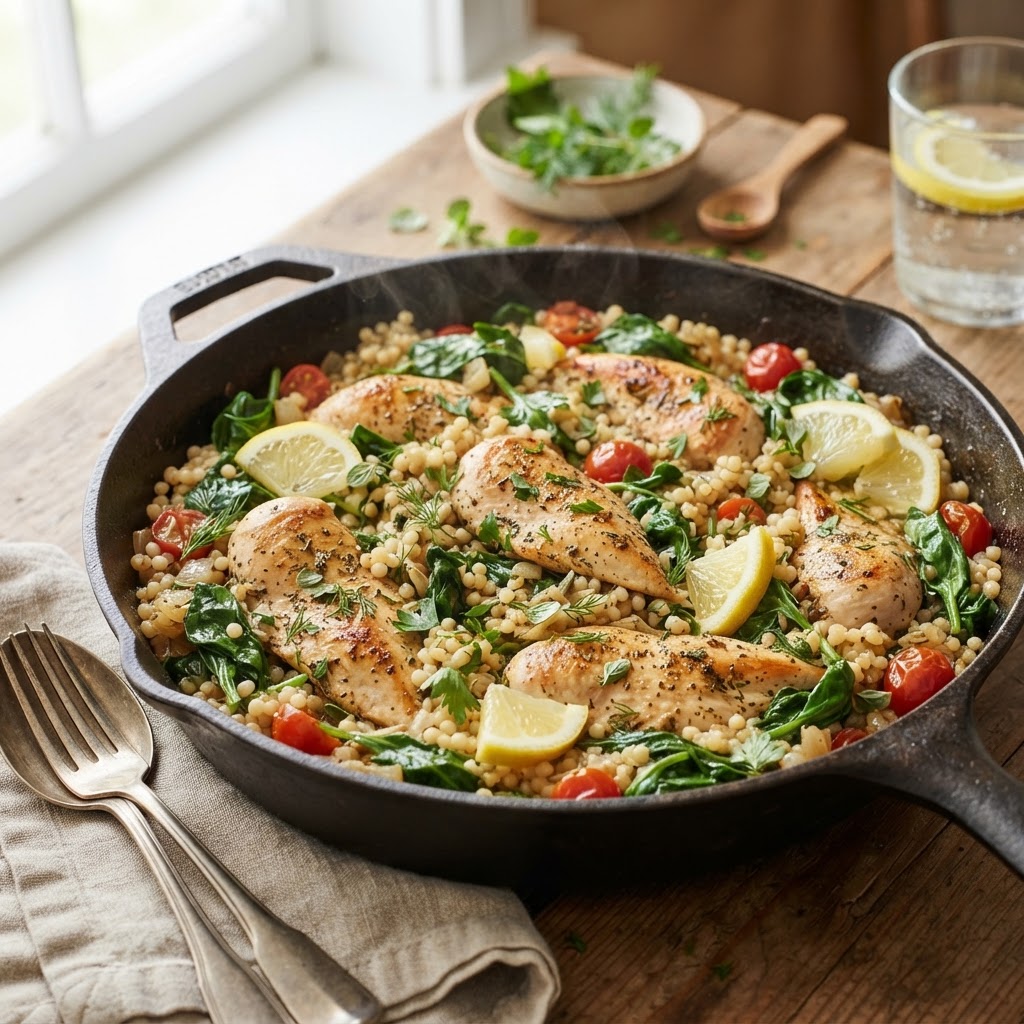 One-Pot Lemon Chicken Pearl Couscous with Spinach