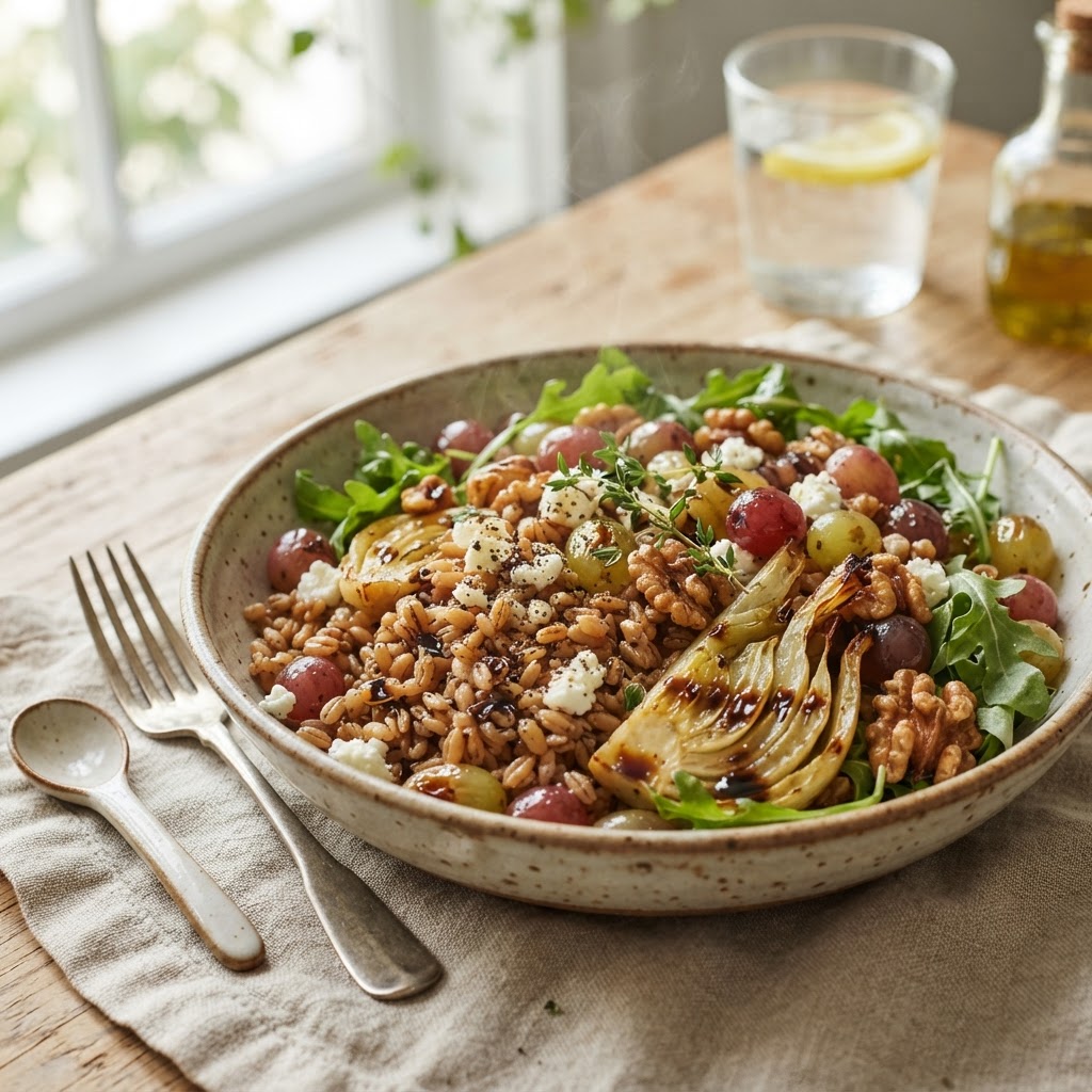 Warm Farro Salad with Roasted Fennel and Grapes