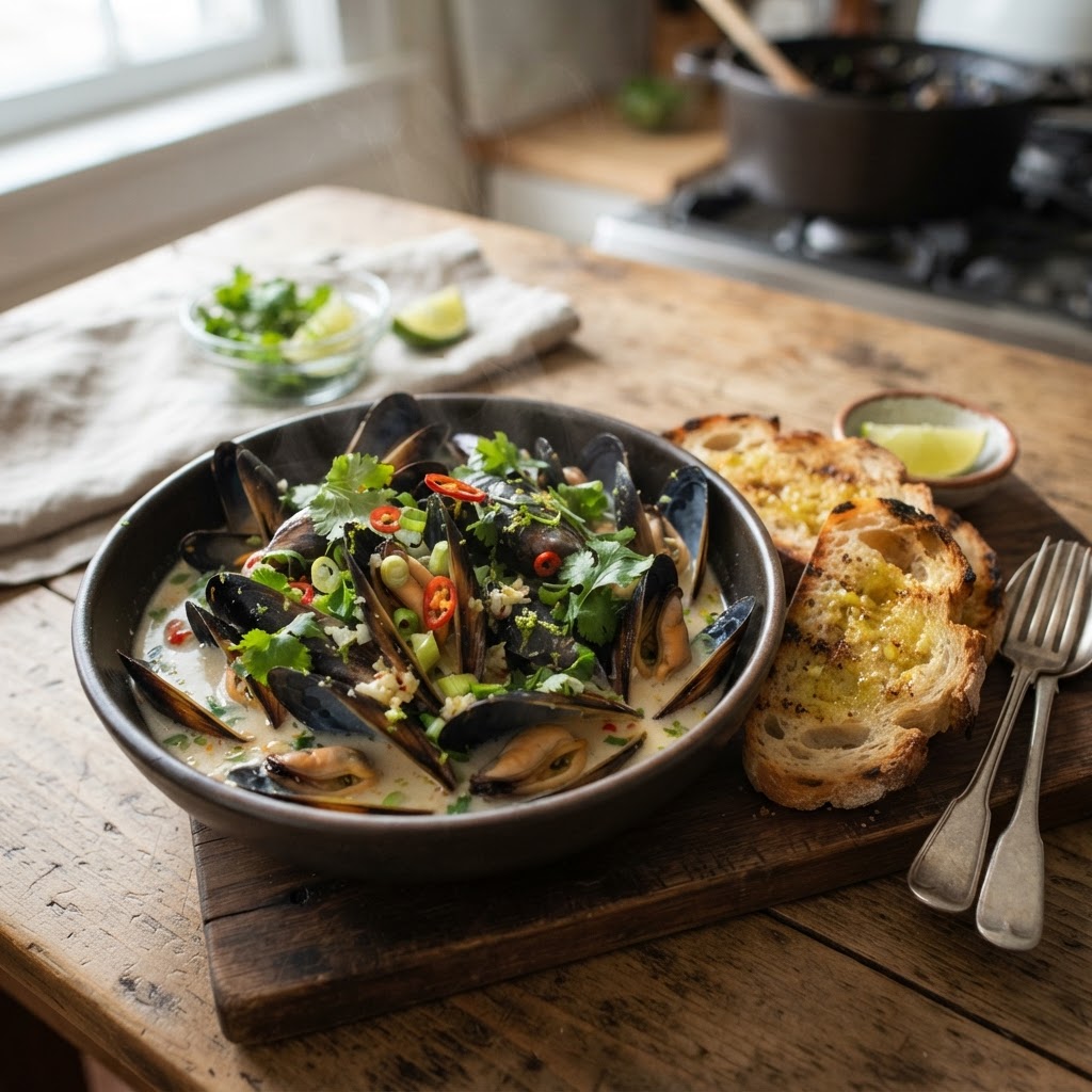 Coconut Lime Mussels with Toasted Bread