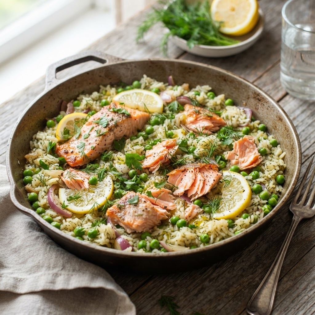 One-Pot Lemon Dill Salmon Rice with Peas