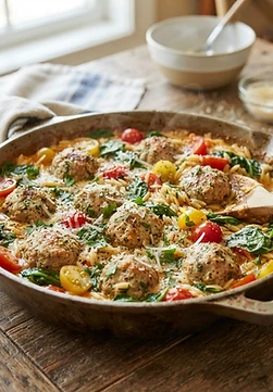 One-Pot Turkey Meatball Orzo with Tomatoes, Spinach, and Parmesan