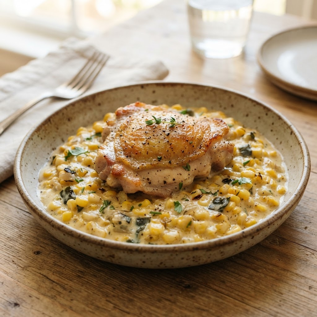 Pan-Seared Chicken Thighs with Creamy Corn and Poblano