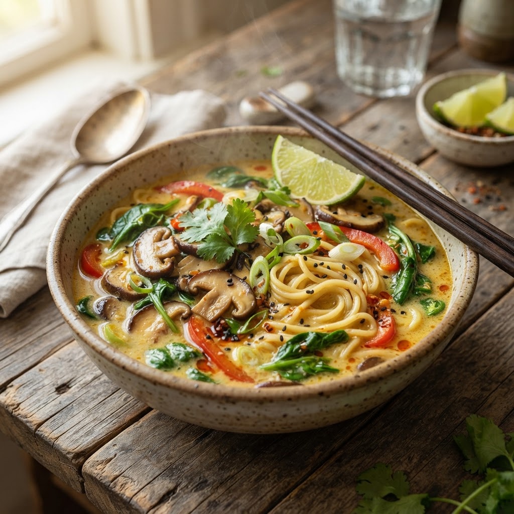 One-Pot Coconut Curry Ramen with Mushrooms and Spinach