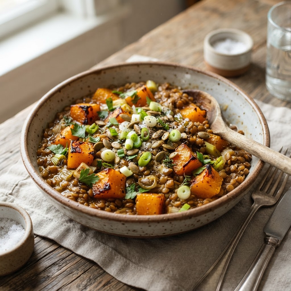Miso Braised Lentils with Roasted Squash