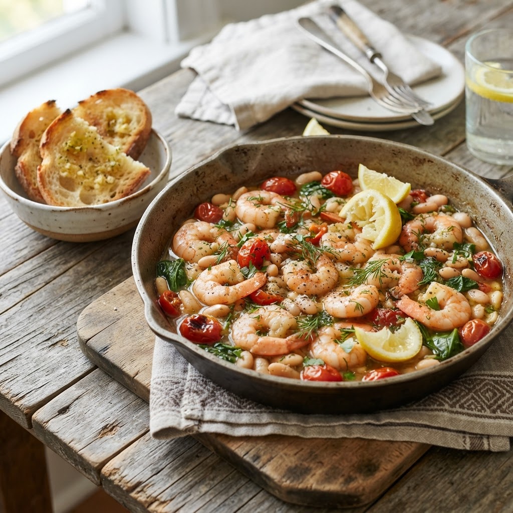 Lemon Dill Shrimp and White Bean Skillet