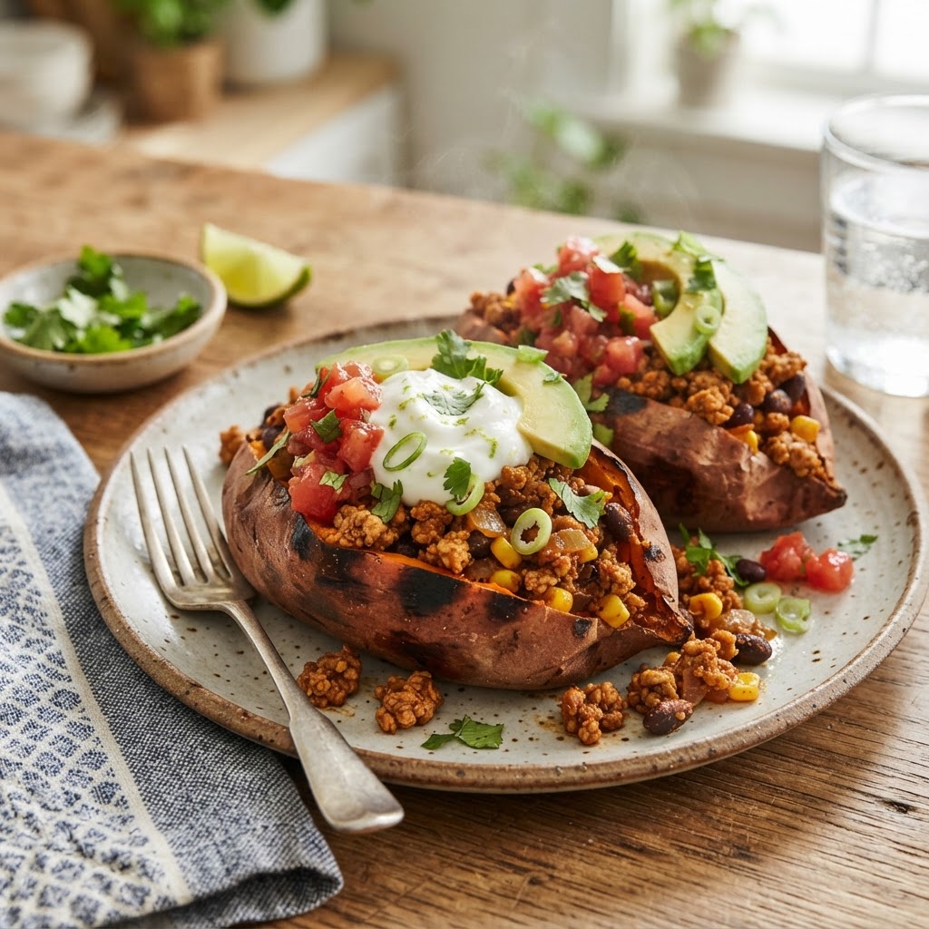 High Protein Turkey Taco Stuffed Sweet Potatoes
