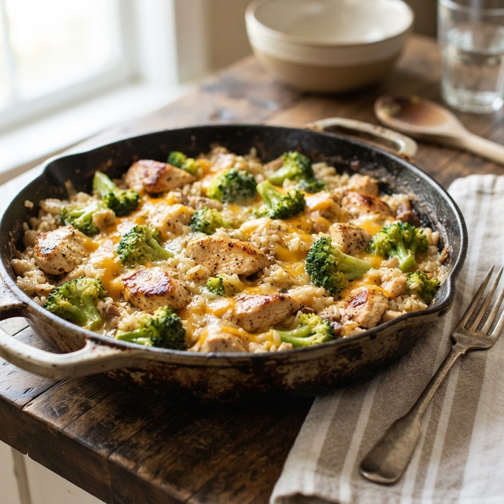 One-Pot Broccoli Cheddar Rice with Chicken