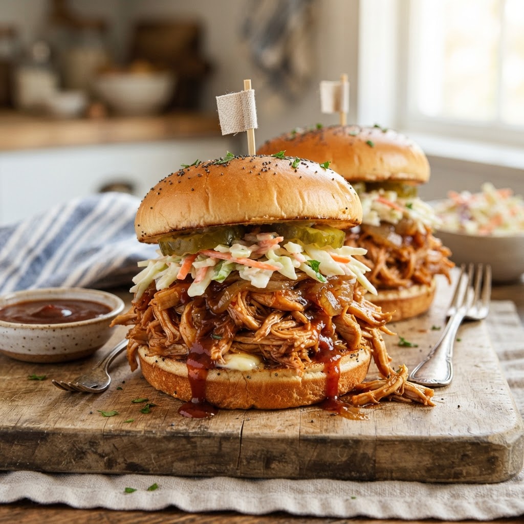 Slow Cooker BBQ Pulled Chicken Sandwiches