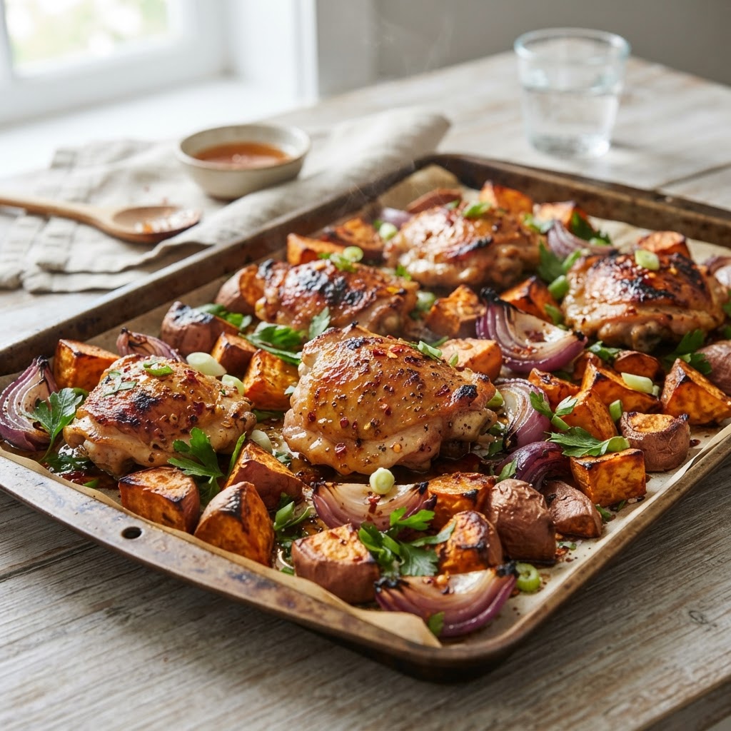 Sheet Pan Hot Honey Chicken and Sweet Potatoes
