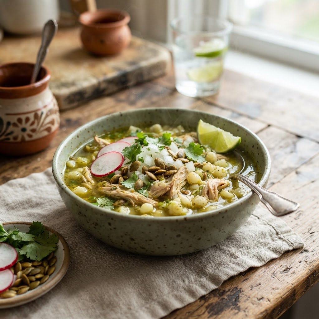 Turkey Pozole Verde with Pumpkin Seeds