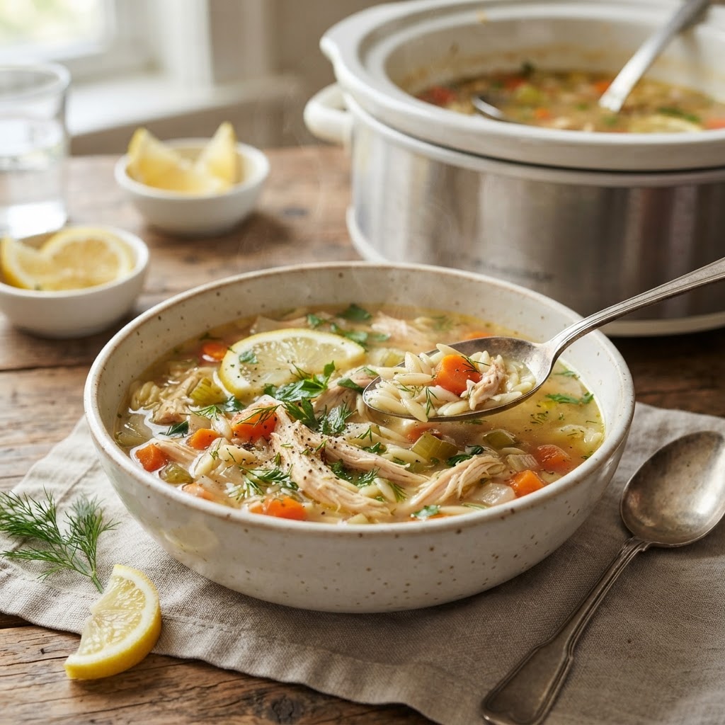 Slow Cooker Lemon Chicken Orzo Soup