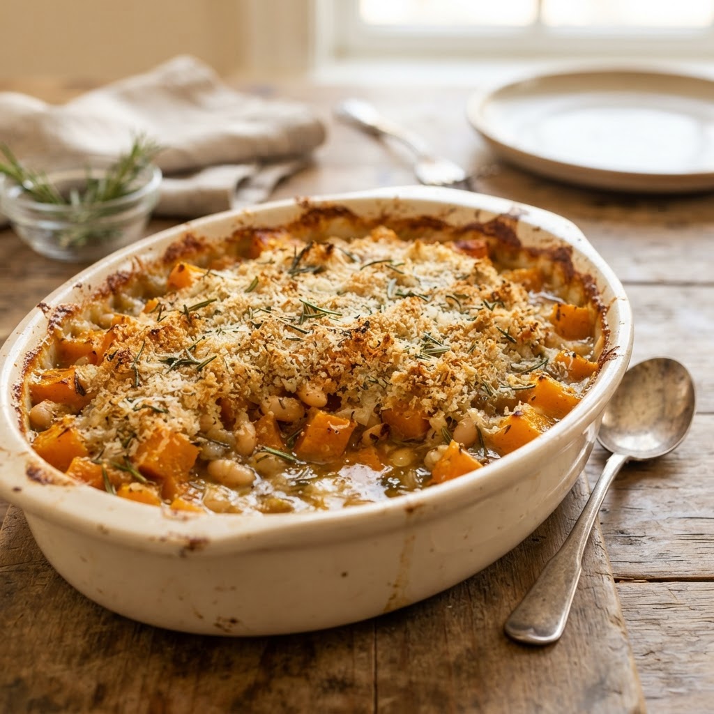 Butternut Cannellini Gratin with Rosemary Breadcrumbs