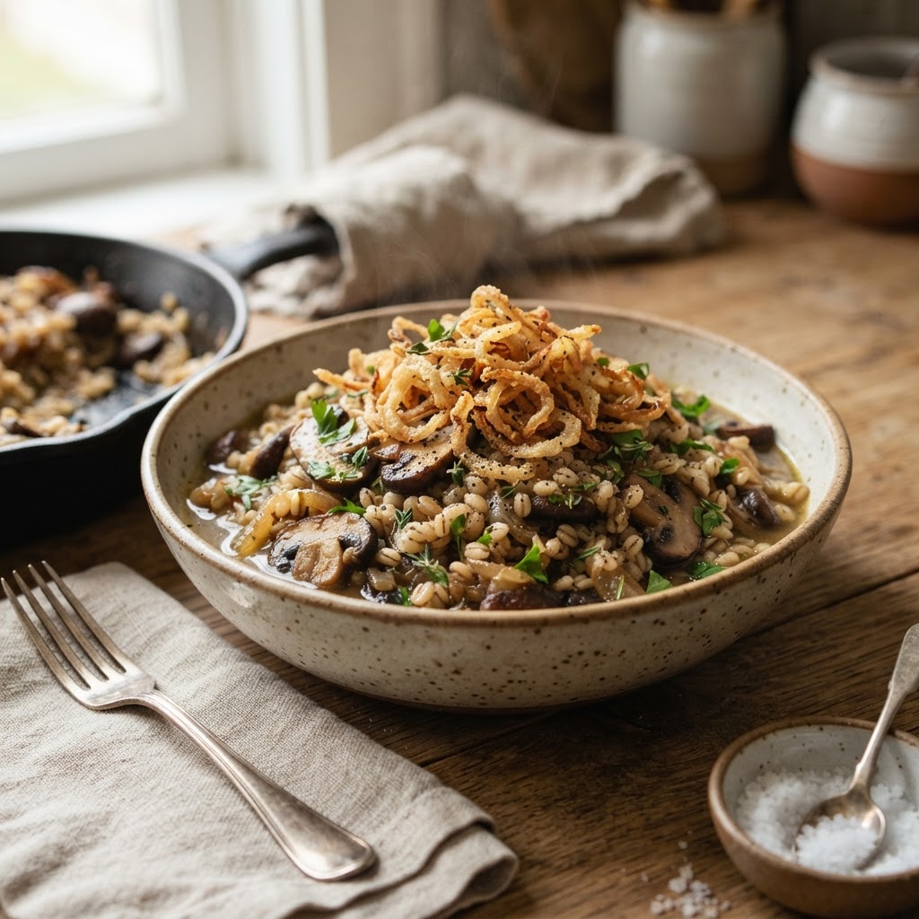 Mushroom Barley Pilaf with Crispy Onions