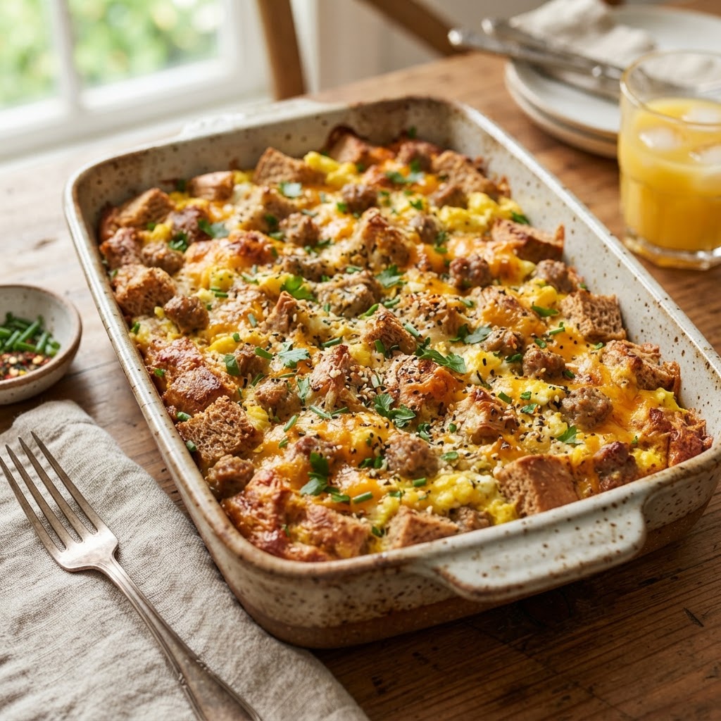 High Protein Breakfast Bagel Casserole