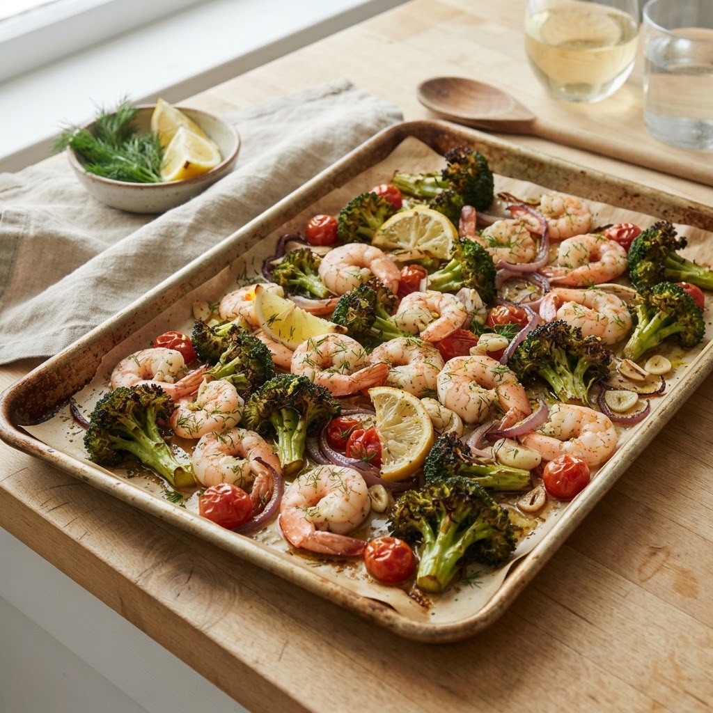Sheet Pan Lemon Dill Shrimp and Broccoli