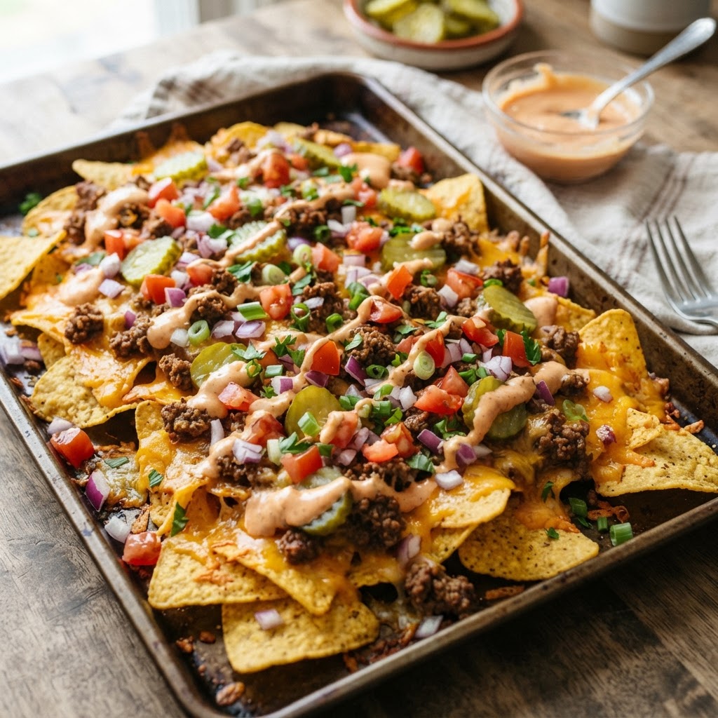 Sheet Pan Cheeseburger Nachos