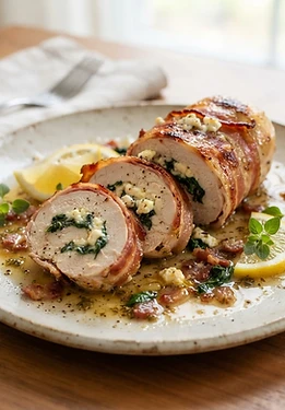 Greek-Inspired Chicken Roulades with Bacon