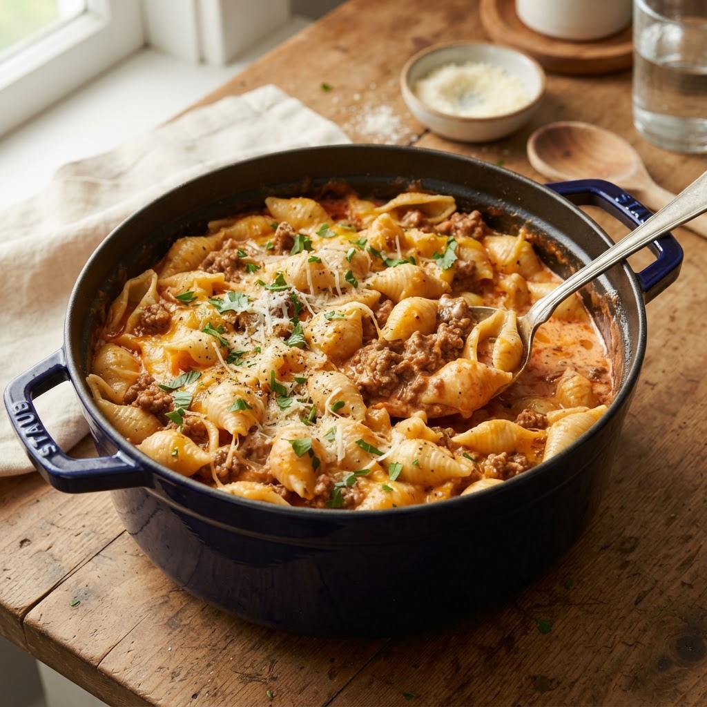 One Pot Creamy Beef and Shells